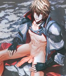 Rule 34 | 1boy, abs, absurdres, bottomless, brown hair, cape, code vein, erection, foreskin, gloves, highres, male focus, nude, penis, red eyes, sitting, smile, solo, tagme, uncensored, weiss (artist)