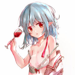 Rule 34 | 1girl, absurdres, asymmetrical breasts, blue hair, bra, breasts, collarbone, commentary request, cup, drinking glass, expressionless, head tilt, highres, holding, holding cup, ikazuchi akira, looking at viewer, no headwear, parted lips, pointy ears, red eyes, remilia scarlet, shirt slip, short hair, simple background, small breasts, solo, standing, strap slip, touhou, underwear, upper body, white background, white bra, wine glass