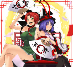 Rule 34 | 2girls, :d, adapted costume, bakuya, bare legs, bare shoulders, black legwear, blush, border, bow, braid, breasts, china dress, chinese clothes, crossed legs, dress, female focus, folding fan, green eyes, hair over shoulder, hand fan, hat, hat bow, hat ribbon, highres, hong meiling, large breasts, applying manicure, multiple girls, nagae iku, nail polish, open mouth, outside border, pantyhose, purple hair, red border, red bow, red eyes, red hair, red nails, red ribbon, ribbon, shawl, short hair, side-by-side, sideboob, sitting, smile, touhou, twin braids