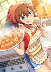 Rule 34 | 10s, 1girl, :q, ;q, apron, blue eyes, brown hair, counter, denim, denim shorts, dutch angle, food, head scarf, highres, holding, holding plate, idolmaster, idolmaster million live!, index finger raised, indoors, kitchen, looking at viewer, mapo tofu, one eye closed, plate, ponytail, pot, red skirt, sagamiya (sgmy777), satake minako, short sleeves, shorts, skirt, smile, solo, tile wall, tiles, tongue, tongue out, v-shaped eyebrows