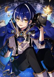 Rule 34 | 1boy, aononchi, blue hair, book, cape, crescent, crescent moon, gloves, highres, indie virtual youtuber, looking at viewer, moon, multicolored hair, pale skin, pants, second-party source, shirt, sky, solo, star (sky), star (symbol), starry sky, starry sky print, starwhite, virtual youtuber, white hair, yellow eyes