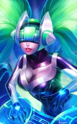 Rule 34 | 1girl, alternate costume, artist name, bad id, bad pixiv id, breasts, cleavage, dj sona, felicia-val, gloves, green hair, highres, large breasts, league of legends, lips, lipstick, long hair, makeup, solo, sona (league of legends), twintails