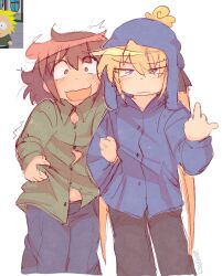 Rule 34 | 1boy, 2girls, black pants, blonde hair, blue eyes, blue hoodie, brown eyes, brown hair, commentary, curly hair, english commentary, green shirt, highres, hood, hoodie, kill me baby, long hair, looking at viewer, middle finger, multiple girls, open mouth, oribe yasuna, pants, poppos, screenshot inset, shirt, sonya (kill me baby), south park, standing