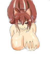 Rule 34 | 1girl, :q, animal ears, arc system works, bad id, bad pixiv id, bent over, blazblue, blazblue: continuum shift, grabbing another&#039;s breast, breasts, brown hair, cleavage, deep skin, female focus, grabbing, hantakasi, highres, huge breasts, makoto nanaya, naughty face, nude, red eyes, short hair, solo, squirrel ears, squirrel tail, tail, tongue, tongue out, upper body, white background, wink