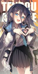 Rule 34 | 1girl, amatsuji, aris (blue archive), black hair, black hairband, black skirt, blue archive, blue eyes, blue necktie, blush, character name, commentary, double-parted bangs, feet out of frame, hair between eyes, hair ornament, hairband, hands up, heart, heart hands, highres, jacket, long bangs, long hair, long hair between eyes, long sleeves, looking at viewer, multicolored clothes, multicolored jacket, necktie, no halo, one side up, open clothes, open jacket, open mouth, orange background, pleated skirt, puffy long sleeves, puffy sleeves, shirt, shirt tucked in, signature, skirt, smile, teeth, very long hair, white jacket, white shirt, zoom layer