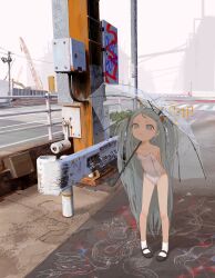 Rule 34 | 1girl, absurdres, bare shoulders, breasts, city, crane (machine), crosswalk, empty eyes, fence, fog, frown, full body, graffiti, grey eyes, grey hair, guard rail, highres, leotard, looking at viewer, mary janes, messy hair, ohgnokuni, original, outdoors, pole, road, shoes, sidewalk, sky, small breasts, socks, solo, standing, strapless, strapless leotard, traffic light, transparent, transparent umbrella, two side up, umbrella, v-shaped eyebrows, white leotard, white sky, white socks