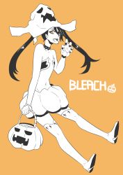 Rule 34 | 1girl, arrancar, artist request, black hair, bleach, boots, breasts, female focus, full body, halloween, hat, highres, loly aivirrne, long hair, looking at viewer, monochrome, skirt, small breasts, solo, twintails, witch hat