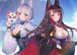 Rule 34 | 2girls, aiguillette, akagi (azur lane), animal ears, azur lane, beach, black hair, black legwear, blue eyes, blue sky, blunt bangs, blush, breasts, brown hair, choker, cleavage, cloud, collar, commentary, confetti, day, eyeshadow, floating hair, fox ears, fox mask, gloves, hair ornament, half-closed eyes, hanato (seonoaiko), holding, holding mask, japanese clothes, kaga (azur lane), large breasts, light particles, light rays, long hair, looking at viewer, makeup, mask, multiple girls, ocean, open mouth, outdoors, parted lips, partially fingerless gloves, petals, pleated skirt, reaching, reaching towards viewer, red eyes, red skirt, rigging, sand, short hair, skirt, sky, smile, thighhighs, thighs, twitter username, water, white hair, wide sleeves, wrist straps