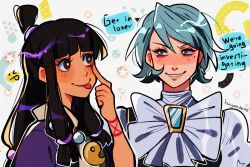 Rule 34 | 2girls, :p, ace attorney, black hair, blue eyes, blue hair, blunt bangs, blush stickers, brooch, brown eyes, commentary, earrings, english commentary, english text, franziska von karma, hair tubes, half updo, highres, huyandere, jacket, japanese clothes, jewelry, magatama, magatama necklace, maya fey, mole, mole under eye, multiple girls, necklace, purple jacket, short hair, smile, swept bangs, tongue, tongue out, topknot