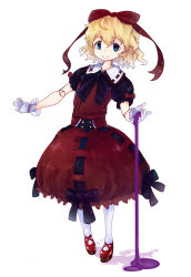 Rule 34 | 1girl, blonde hair, bubble skirt, doll joints, full body, gloves, hair ribbon, highres, joints, mary janes, medicine melancholy, murani, pantyhose, poison, red eyes, ribbon, sash, shoes, skirt, solo, touhou, white background