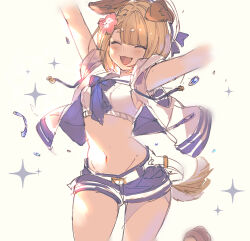 Rule 34 | 1girl, ^ ^, animal ears, arms up, asymmetrical bangs, blonde hair, blue shorts, blush, breasts, closed eyes, crop top, dog ears, flower, granblue fantasy, groin, hair flower, hair ornament, hat, highres, hood, hood down, hooded jacket, jacket, midriff, navel, nishiki (jinnishiki), open clothes, open jacket, open mouth, outstretched arms, sailor collar, shirt, short hair, short shorts, shorts, sleeveless, sleeveless jacket, sleeveless shirt, small breasts, smile, solo, sparkle, vajra (granblue fantasy), vajra (summer) (granblue fantasy), water drop, white jacket, white shirt