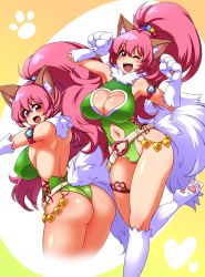 Rule 34 | 1girl, animal ears, ass, bare legs, bare shoulders, blush, breasts, cat ears, cat girl, cleavage, cleavage cutout, clothing cutout, curvy, fangs, female focus, full body, happy, heart cutout, highleg, highleg leotard, highres, huge ass, jumping, large breasts, leotard, long hair, looking at viewer, looking back, multiple views, one eye closed, open mouth, paw print, perisie (star ocean), pink hair, ponytail, ryoi, shiny skin, simple background, smile, star ocean, star ocean first departure, tail, thick thighs, thighs, thong leotard, very long hair, wink
