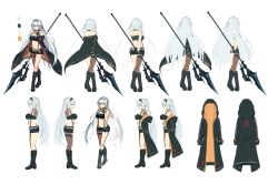 Rule 34 | 1girl, bandeau, bare shoulders, belt, belt buckle, belt pouch, black choker, black coat, black footwear, black gloves, black shorts, blue eyes, boots, breasts, buckle, character sheet, choker, cleavage, coat, concept art, crossed legs, fingerless gloves, full body, gloves, hairband, halberd, hand up, holding, holding polearm, holding weapon, knee boots, crossed legs, long hair, long sleeves, looking at viewer, medium breasts, midriff, multiple views, navel, off shoulder, open clothes, open coat, original, polearm, pouch, shimotsuki shio, short shorts, shorts, silver hair, simple background, smile, standing, stomach, suspenders, taut clothes, thigh strap, thighs, very long hair, watson cross, weapon, white background, x