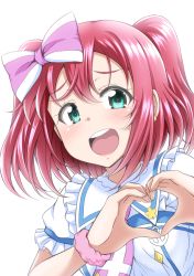 Rule 34 | 10s, 1girl, aqua eyes, bad id, bad pixiv id, blush, bow, flo (guilty hearts), hair bow, heart, heart hands, kurosawa ruby, love live!, love live! school idol festival, love live! sunshine!!, open mouth, pink hair, short hair, simple background, solo, twintails, two side up, white background