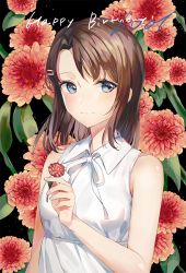 Rule 34 | 1girl, bad id, bad twitter id, bang dream!, bare shoulders, black background, blue eyes, brown hair, closed eyes, dress, flower, hair ornament, hairclip, happy birthday, looking at viewer, looking to the side, medium hair, okusawa misaki, smile, solo, tiny (tini3030), white dress