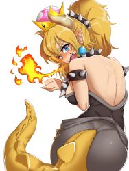 1girl armlet ass back bare_shoulders black_dress blonde_hair blue_eyes blush bowsette bracelet breasts breath_weapon breathing_fire cleavage collar crown dress earrings fire from_behind highres horns jewelry large_breasts looking_at_viewer mario_(series) messy_hair nintendo open_mouth pointy_ears ponytail sd_bigpie sharp_teeth shoulder_blades sidelocks simple_background solo spiked_armlet spiked_bracelet spiked_collar spikes strapless strapless_dress super_crown tail tearing_up teeth turtle_shell white_background