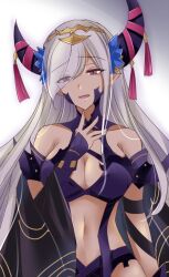 Rule 34 | 1girl, bare shoulders, breasts, cleavage, commentary request, fire emblem, fire emblem engage, grey hair, horns, kirishima riona, large breasts, long hair, navel, nintendo, pointy ears, purple eyes, revealing clothes, solo, stomach, upper body, zephia (fire emblem)