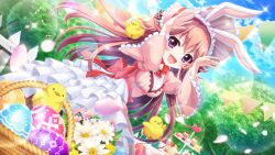 Rule 34 | 1girl, animal ears, apple, back bow, basket, bird, blue flower, blue sky, bonnet, bow, breasts, chick, cloud, cupcake, day, dress, dutch angle, easter, easter egg, egg, fake animal ears, falling petals, fence, film grain, flower, food, fruit, game cg, gem, grapes, haeno akari, izumi tsubasu, layered skirt, lens flare, macaron, medium breasts, non-web source, official art, outdoors, petals, pineapple, pink dress, pink flower, purple eyes, rabbit ears, rabbit pose, re:stage!, red bow, red brooch, red gemstone, skirt, sky, solo, sparkle, strawberry, string of flags, tiered tray, tree, white fence, white flower, white skirt, wicker basket, wooden fence