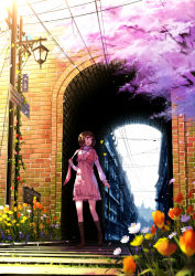 Rule 34 | 1girl, arrow (symbol), bad id, bad pixiv id, black eyes, brown hair, cherry blossoms, dress, flower, lamppost, lantern, looking back, mogumo, open mouth, original, petals, power lines, scarf, scenery, short hair, sign, snowing, snowman, solo, tunnel