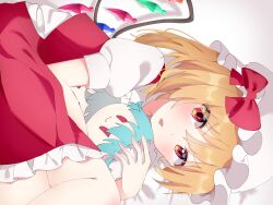 Rule 34 | 1girl, blonde hair, blush, bow, character doll, commentary, crystal wings, eyes visible through hair, flandre scarlet, frilled skirt, frills, hat, hat bow, highres, hugging object, looking at viewer, medium hair, mob cap, open mouth, puffy short sleeves, puffy sleeves, red bow, red eyes, red skirt, red vest, remilia scarlet, shirt, short sleeves, skirt, solo, touhou, uun-un-un (user eryy8424), vest, white hat, white shirt, wings
