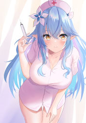Rule 34 | 1girl, ahoge, blue hair, blush, breasts, buttons, cleavage, closed mouth, collared dress, colored tips, cowboy shot, dress, elf, flower, hair between eyes, hair flower, hair ornament, hand on own thigh, hat, heart, heart ahoge, highres, holding, holding syringe, hololive, large breasts, leaning forward, long hair, looking at viewer, microdress, multicolored hair, nurse, nurse cap, onabe no shime, pink dress, pointy ears, short sleeves, smile, solo, streaked hair, syringe, very long hair, virtual youtuber, white flower, yellow eyes, yukihana lamy