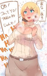 Rule 34 | 1girl, belt, blonde hair, blush, breasts, cleavage, cleavage cutout, clothing cutout, ellen baker, flower, full-face blush, green eyes, highres, large breasts, meme attire, new horizon, open-chest sweater, ribbed sweater, skirt, solo, speech bubble, sweater, text focus, translation request