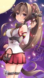 Rule 34 | 1girl, anchor, bankoku ayuya, breasts, brown hair, cherry blossoms, detached sleeves, flower, hair flower, hair ornament, headgear, kantai collection, long hair, miniskirt, ponytail, single thighhigh, thighhighs, yamato (kancolle)