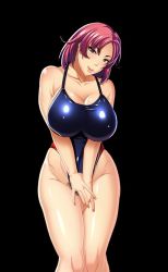 Rule 34 | 1girl, black background, blue eyes, blush, breasts, cevoy, cleavage, covering privates, curvy, legs, mole, pubic hair, red hair, short hair, simple background, swimsuit, tagme