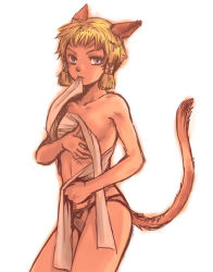 Rule 34 | 00s, 1girl, animal ears, blonde hair, blue eyes, branch (blackrabbits), cat girl, female focus, final fantasy, final fantasy xi, flat chest, mithra (ff11), mouth hold, simple background, solo, tail