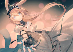 Rule 34 | 1girl, absurdres, ambience synesthesia, amiya (arknights), animal ear fluff, animal ears, arknights, black collar, blue eyes, brown hair, chinese commentary, collar, commentary request, cowboy shot, dress, floating hair, globus cruciger, hair ornament, highres, jewelry, long hair, looking at viewer, lubusi, official alternate costume, open hand, outstretched arm, parted lips, puffy short sleeves, puffy sleeves, rabbit ears, ring, short sleeves, solo, star (symbol), star hair ornament, tiara, very long hair, white dress