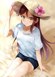Rule 34 | 1girl, absurdres, arm support, arm up, beach, black shorts, breasts, brown eyes, brown hair, brown hat, closed mouth, collarbone, commentary request, day, flower, hair ornament, hand on headwear, hat, hat flower, highres, long hair, looking at viewer, love live!, love live! school idol festival, love live! sunshine!!, outdoors, pink flower, sakurauchi riko, sand, shirt, short shorts, short sleeves, shorts, sin (sin52y), sitting, small breasts, smile, solo, summer, sun hat, very long hair, water, white shirt