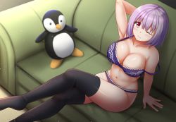 Rule 34 | 10s, 1girl, ;), arm support, arm up, armpits, bare arms, bare shoulders, black thighhighs, blurry, blurry background, blush, bra, breasts, cleavage, closed mouth, collarbone, commentary, couch, crossed legs, depth of field, english commentary, from above, gridman universe, hair between eyes, highres, kazenokaze, large breasts, looking at viewer, looking up, no shoes, on couch, one eye closed, panties, purple bra, purple hair, purple panties, red eyes, shinjou akane, short hair, sitting, smile, solo, ssss.gridman, strap slip, stuffed animal, stuffed penguin, stuffed toy, thighhighs, underwear, underwear only