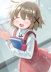 Rule 34 | 1girl, blurry, blurry background, brown hair, closed eyes, commentary request, facing viewer, hair ornament, hidamari sketch, highres, holding, holding notebook, long sleeves, notebook, open mouth, pencil case, percy pyl, school uniform, shirt, short hair, solo, sunlight, waving, white shirt, x hair ornament, yamabuki high school uniform, yuno (hidamari sketch)