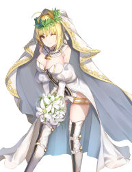 Rule 34 | 1girl, ;), ahoge, bad id, bad pixiv id, blacktheif, blonde hair, boots, bouquet, breasts, choker, cleavage, detached sleeves, fate/extra, fate/extra ccc, fate (series), flower, green eyes, hair intakes, hair ribbon, highres, holding, holding bouquet, large breasts, leotard, long sleeves, looking at viewer, nero claudius (bride) (fate), nero claudius (bride) (third ascension) (fate), nero claudius (fate), nero claudius (fate) (all), one eye closed, ribbon, short hair, simple background, smile, solo, standing, strapless, strapless leotard, thigh boots, thighhighs, white background, white flower, white footwear, white leotard, white ribbon, white sleeves