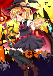 Rule 34 | 1girl, adapted costume, back bow, bat (animal), black gloves, black hat, black skirt, black thighhighs, black vest, blonde hair, blush, boots, bow, bowtie, breasts, brown footwear, fangs, flandre scarlet, frilled skirt, frilled sleeves, frills, full body, gloves, hachimi, halloween, halloween bucket, halloween costume, hat, high heel boots, high heels, highres, holding, holding staff, medium hair, open mouth, puffy short sleeves, puffy sleeves, red bow, red bowtie, red eyes, shirt, short sleeves, side ponytail, skirt, skirt set, small breasts, solo, staff, thighhighs, touhou, v-shaped eyebrows, vest, white shirt, witch hat