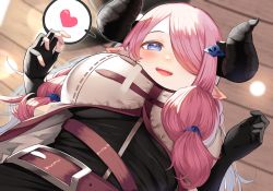 Rule 34 | :d, asymmetrical gloves, belt, black gloves, blue eyes, blush, breasts, draph, fingerless gloves, gloves, granblue fantasy, hair ornament, hair over one eye, hairclip, heart, highres, horns, large breasts, long hair, looking at viewer, looking down, low-tied long hair, mismatched gloves, multiple belts, narmaya (granblue fantasy), on lap, open mouth, pink hair, pointy ears, pov, sidelocks, smile, spoken heart, upper body, yamato (muchuu paradigm)