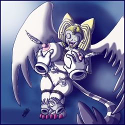 Rule 34 | bdsm, bondage, bound, cat, cat tail, digimon, digimon adventure 02, large areolae, laughing, multiple hands, nefertimon, tail, tickling, white cat, wings