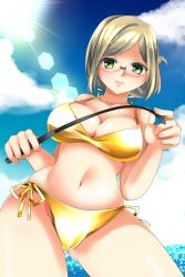 Rule 34 | 10s, 1girl, bad id, bad pixiv id, bikini, blush, breasts, cameltoe, cleavage, female focus, folded ponytail, glasses, gold bikini, green eyes, kantai collection, katori (kancolle), large breasts, looking at viewer, omoomomo, riding crop, silver hair, smile, solo, swimsuit