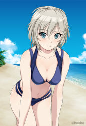 Rule 34 | 1girl, anastasia (idolmaster), bare arms, bare shoulders, beach, bikini, blue bikini, blue eyes, blue sky, blush, breasts, cleavage, closed mouth, collarbone, commentary request, day, eyelashes, grey hair, hair between eyes, idolmaster, idolmaster cinderella girls, inoshira, leaning forward, medium breasts, ocean, outdoors, sand, short hair, sky, smile, solo, swimsuit, thighs, twitter username, water