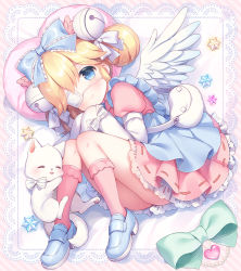 Rule 34 | 1girl, animal, apron, bag, bell, blonde hair, blue apron, blue bow, blue eyes, blue footwear, blush, bow, cat, closed mouth, commentary request, commission, cutesu (cutesuu), diagonal stripes, double bun, dress, eyepatch, feathered wings, frilled bow, frilled socks, frills, full body, hair bell, hair bow, hair bun, hair ornament, highres, jingle bell, layered sleeves, loafers, long sleeves, lying, medical eyepatch, on side, original, pink dress, pink socks, pixiv commission, puffy short sleeves, puffy sleeves, shoes, short over long sleeves, short sleeves, shoulder bag, sleeves past fingers, sleeves past wrists, smile, socks, solo, striped, striped background, striped bow, usashiro mani, white bow, white cat, white wings, wings
