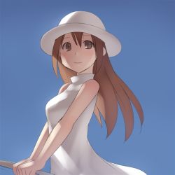 Rule 34 | 1girl, aaaa (quad-a), bad id, bad pixiv id, blue background, brown hair, hat, long hair, simple background, smile, solo, white hat