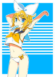 Rule 34 | 1girl, arm behind head, armpits, arms up, ascot, bare arms, bare shoulders, bikini, bikini bottom only, blonde hair, blue eyes, bow, crop top, flat chest, food, food in mouth, hair bow, hair ornament, hairclip, kagamine rin, looking at viewer, mouth hold, navel, popsicle, sailor collar, shirt, short hair, sleeveless, sleeveless shirt, solo, stretched limb, swimsuit, vocaloid, yoshiki