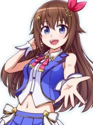 Rule 34 | 1girl, absurdres, bare shoulders, blue eyes, blue skirt, blue vest, brown hair, collared shirt, commentary request, cropped vest, dress shirt, goriate, hair ornament, highres, hololive, long hair, looking at viewer, midriff, navel, open mouth, shirt, skirt, solo, star (symbol), star hair ornament, teeth, tokino sora, tokino sora (1st costume), upper teeth only, vest, virtual youtuber, wrist cuffs