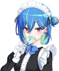 Rule 34 | 1girl, alternate costume, apron, black dress, blue bow, blue bowtie, blue hair, blush, bow, bowtie, buttons, candy, center frills, commentary request, double bun, dress, enmaided, food, frilled apron, frills, gloves, green hair, hair between eyes, hair bun, lollipop, long bangs, looking at viewer, maid, maid apron, maid headdress, mole, mole under eye, multicolored hair, nanashi inc., ougimaneki, pink eyes, short hair, simple background, solo, suzumi nemo, swirl lollipop, transparent background, two-tone hair, upper body, virtual youtuber, white apron, white gloves