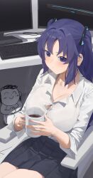 Rule 34 | 1girl, 1other, absurdres, black skirt, blue archive, blush, breasts, button gap, cleavage, coffee, commentary, cup, doodle sensei (blue archive), halo, highres, holding, holding cup, indoors, keyboard (computer), large breasts, large pectorals, looking at viewer, mm (mhm2592), monitor, mug, open collar, pectorals, purple eyes, purple hair, sensei (blue archive), shirt, shirt tucked in, sitting, skirt, steam, two side up, under table, white shirt, yuuka (blue archive)