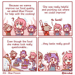 Rule 34 | 4girls, 4koma, ?, animal ears, apron, arknights, bait and switch, black apron, blue apron, blue eyes, blue poison (arknights), bowl, burger, cheese, chibi, comic, commentary, cup, cutter (arknights), eating, english commentary, english text, flying sweatdrops, food, fork, fox ears, grey hair, hair ornament, hairband, hairclip, heavyrain (arknights), hibiscus (arknights), highres, horns, long hair, long sleeves, multiple girls, necktie, nervous sweating, open mouth, pancake, pancake stack, pink hair, ponytail, purple eyes, purple hair, red eyes, red shirt, shirt, short hair, sleeveless, sleeveless shirt, smile, striped clothes, striped hairband, sweat, sword, table, topknot, turkey (food), twintails, twitter username, weapon, white shirt, wittle red, zebra ears, zebra girl