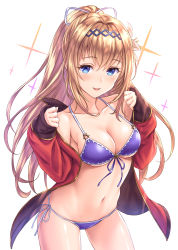 Rule 34 | 1girl, bikini, blonde hair, blue eyes, blush, breasts, collarbone, commentary request, granblue fantasy, hair ribbon, highres, jeanne d&#039;arc (granblue fantasy), long hair, looking at viewer, medium breasts, open mouth, ponytail, purple bikini, ribbon, side-tie bikini bottom, simple background, smile, solo, swimsuit, tomo (tmtm mf mf), white background, white ribbon