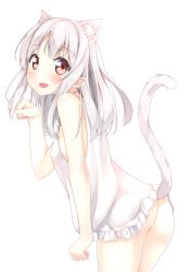 Rule 34 | 1girl, animal ears, ass, bare shoulders, blush, brown eyes, cat ears, cat tail, commentary request, dress, kantoku (style), karutamo, long hair, looking at viewer, no panties, open mouth, original, paw pose, silver hair, smile, solo, tail, tisshu (karutamo), white dress