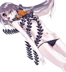 Rule 34 | 1girl, abigail williams (fate), abigail williams (third ascension) (fate), bad id, bad twitter id, bare arms, bare shoulders, black bow, black bowtie, black panties, bow, bowtie, copyright request, dutch angle, grey hair, highres, holding, holding own hair, long hair, looking at viewer, misumi (macaroni), navel, orange bow, orange bowtie, panties, parted bangs, parted lips, red eyes, revealing clothes, simple background, solo, standing, topless, underwear, very long hair, white background