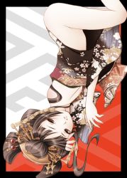 Rule 34 | 1girl, ass, bad id, bad pixiv id, bare shoulders, brown eyes, brown hair, china dress, chinese clothes, dress, female focus, hair ornament, hairpin, japanese clothes, kimono, momoi komomo, original, solo, upside-down